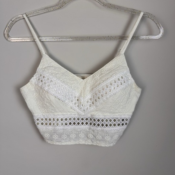 Rebellion Women's Size S White Lace Crop Cami Top Smocked V-neck Sleeveless - Picture 11 of 16